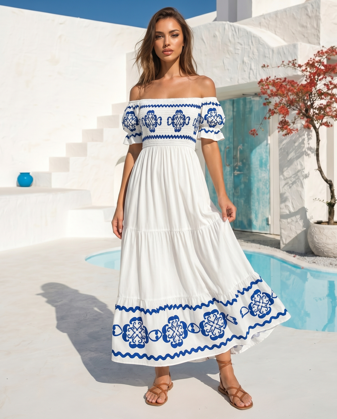 White Blue Ethnic Border Print Off Shoulder Puff Sleeve Tiered Smocked Maxi Dress