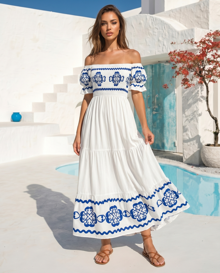 White Blue Ethnic Border Print Off Shoulder Puff Sleeve Tiered Smocked Maxi Dress
