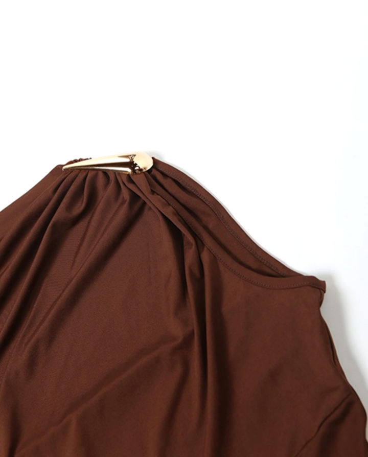 Brown Hardware Ruched Halter Midi Dress