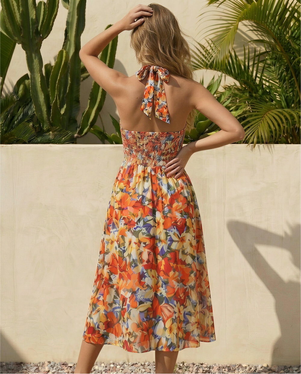 SOLACE  Vibrant Floral Print Halter Midi Dress 
