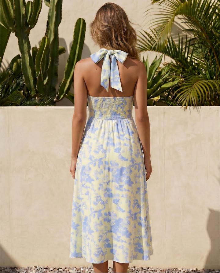 SOLACE  Yellow Blue Floral Halter Midi Dress 