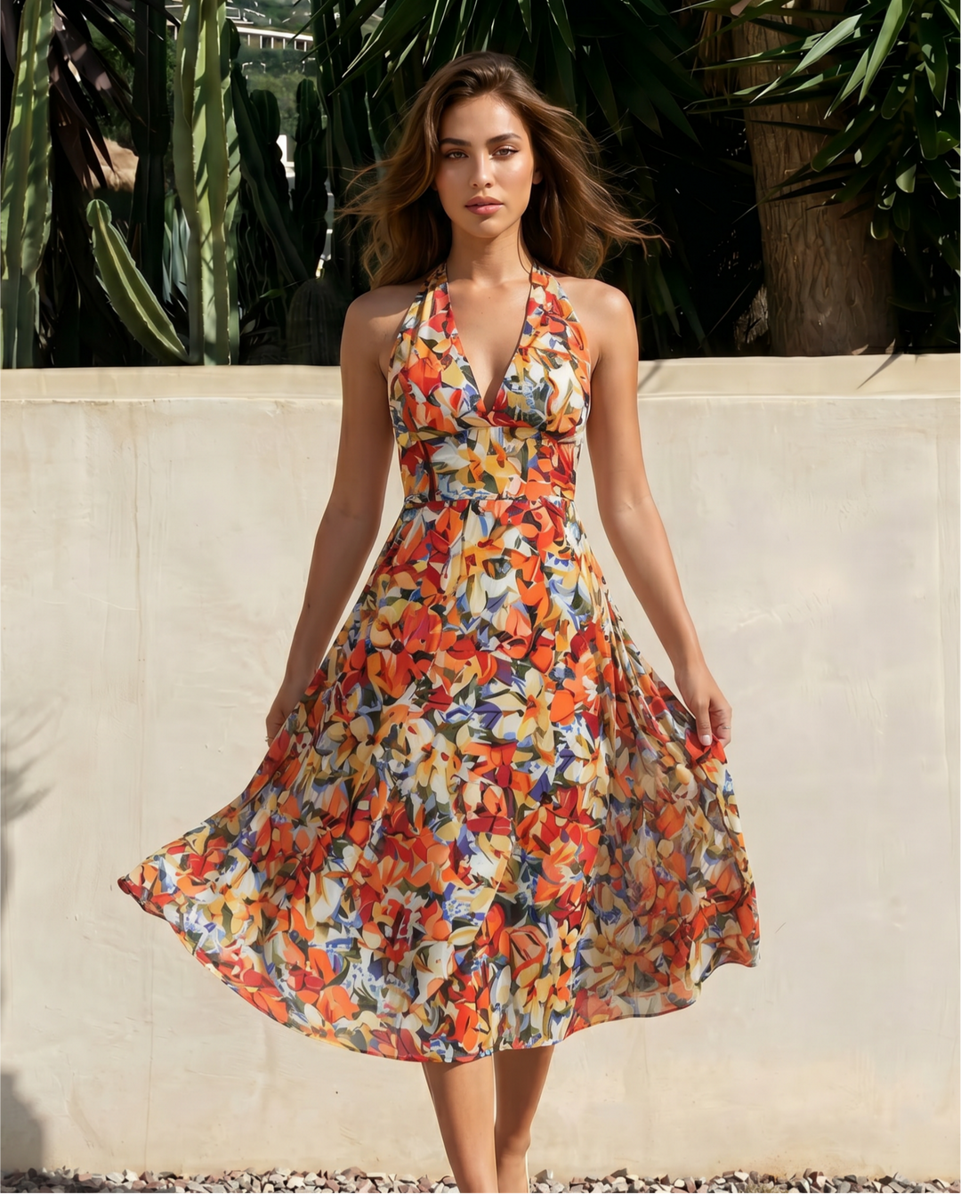 SOLACE  Vibrant Floral Print Halter Midi Dress 