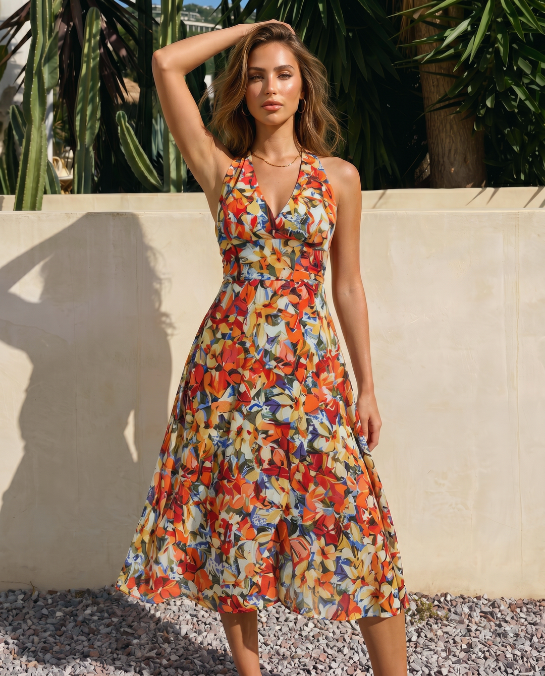 SOLACE  Vibrant Floral Print Halter Midi Dress 