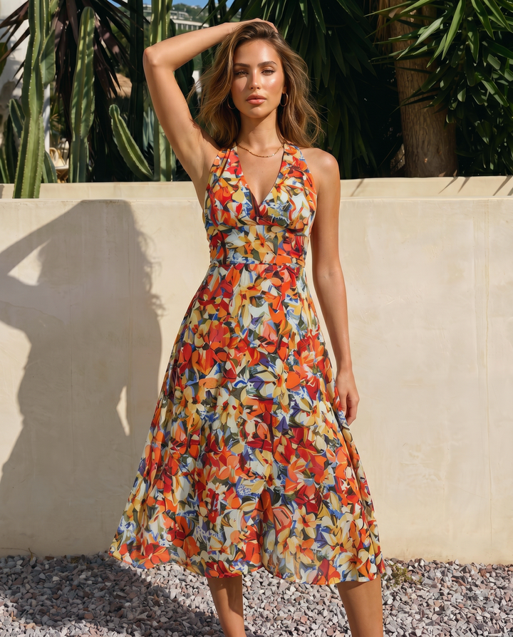 SOLACE  Vibrant Floral Print Halter Midi Dress 