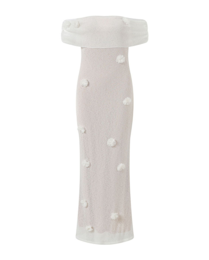 SOLACE  White Floral Applique Off Shoulder Foldover Bodycon Midi Dress 