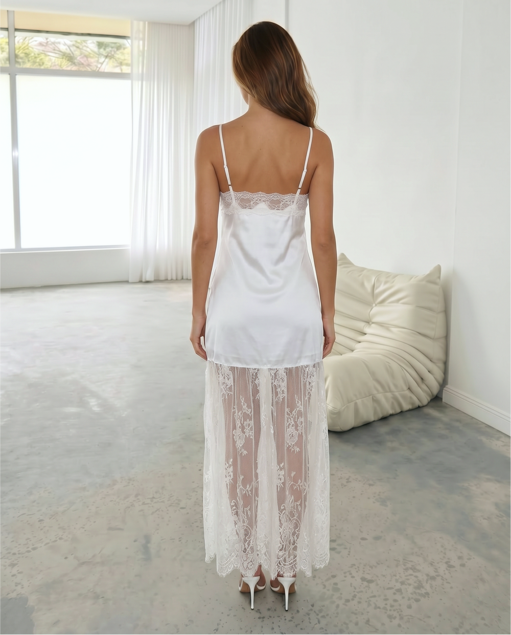 SOLACE  White Satin Lace Patch Spaghetti Strap Maxi Slip Dress 