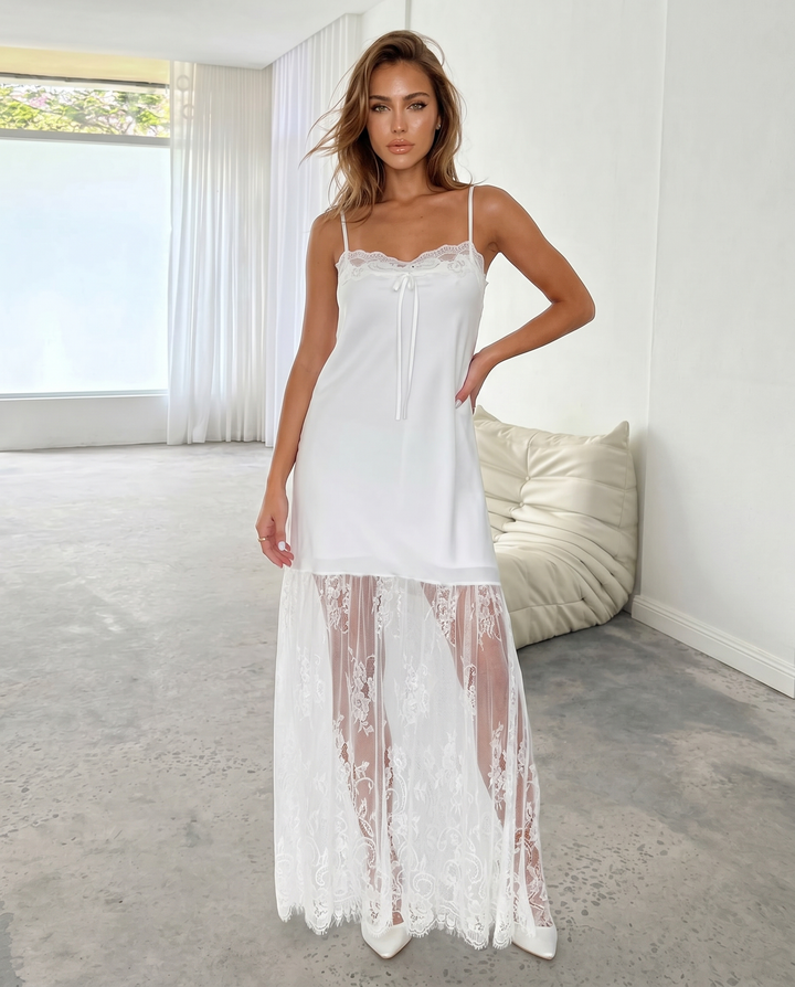 SOLACE  White Satin Lace Patch Spaghetti Strap Maxi Slip Dress 