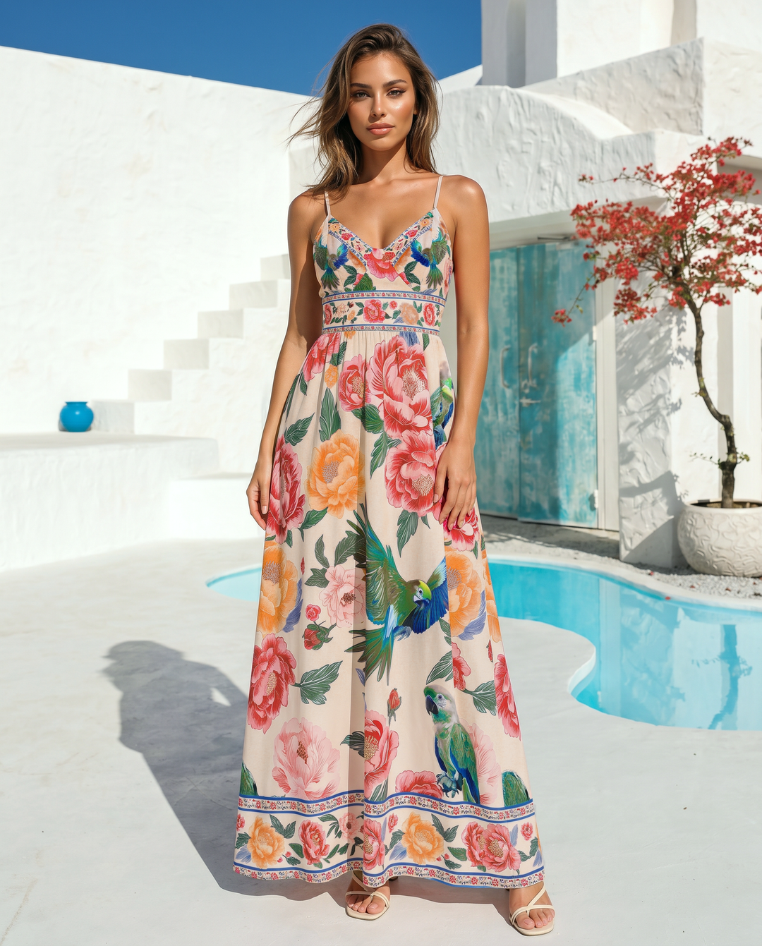 SOLACE  Floral Parrot Print Spaghetti Strap Empire Waist Maxi Dress 