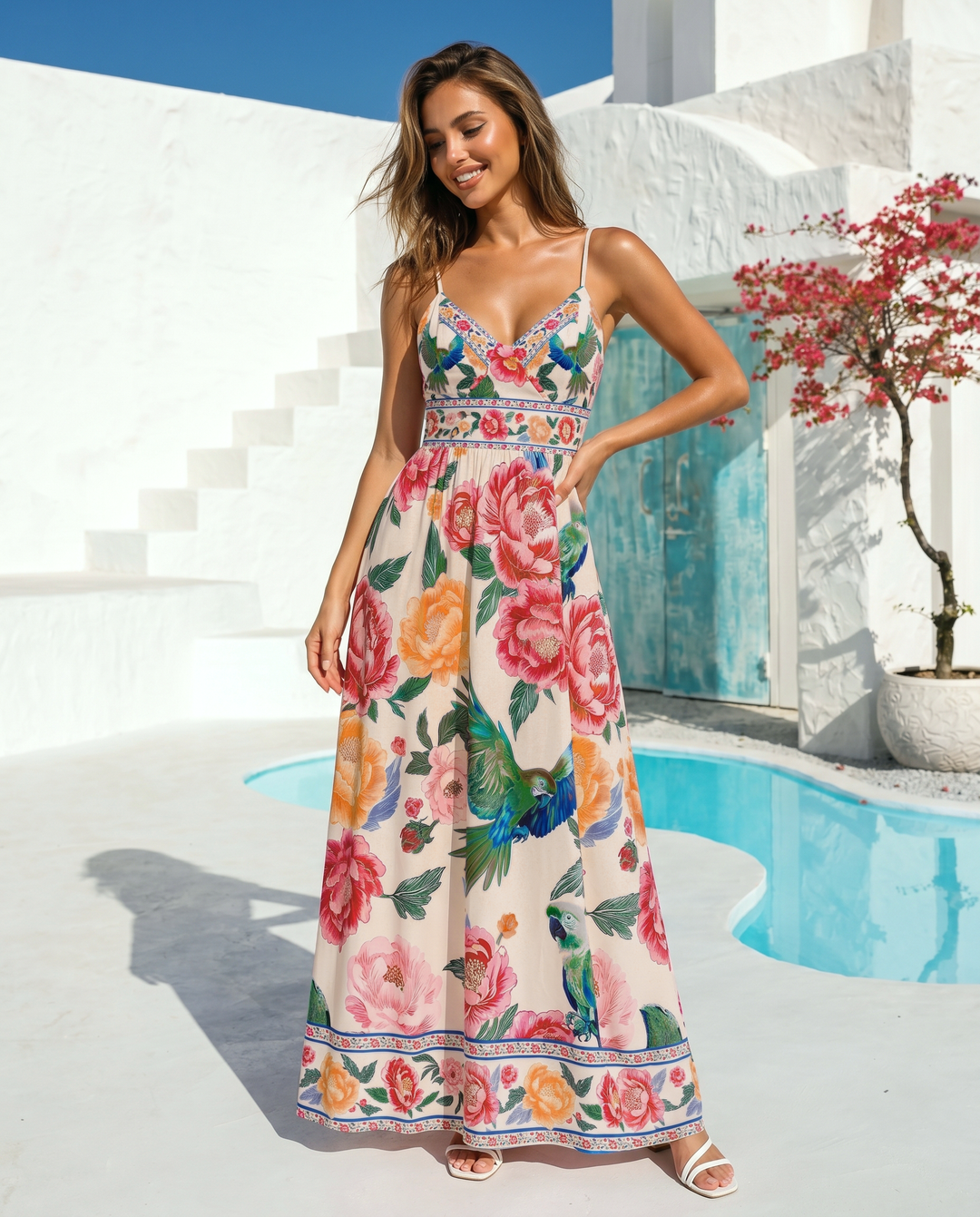 SOLACE  Floral Parrot Print Spaghetti Strap Empire Waist Maxi Dress 