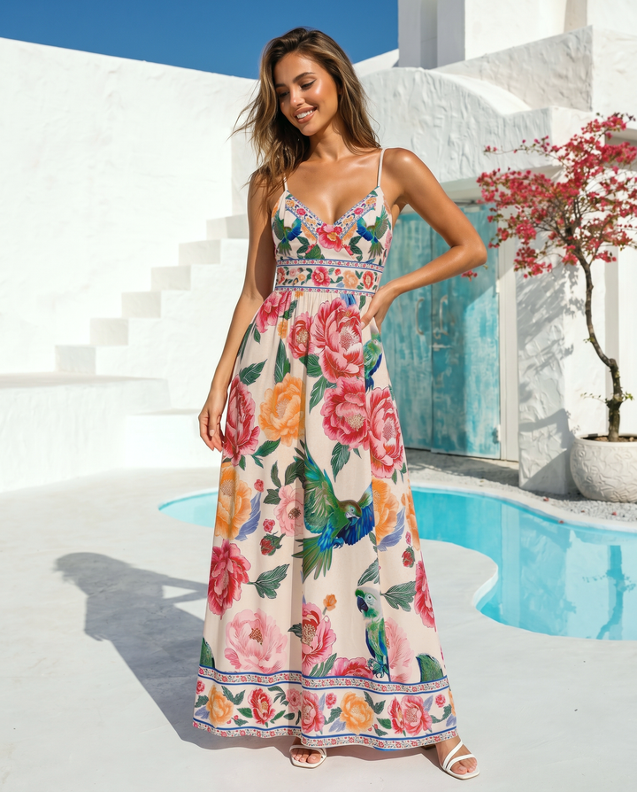 SOLACE  Floral Parrot Print Spaghetti Strap Empire Waist Maxi Dress 