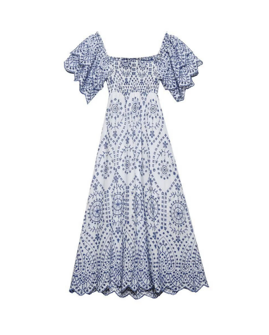 White Blue Geometric Print Square Neck Puff Sleeve Midi Dress
