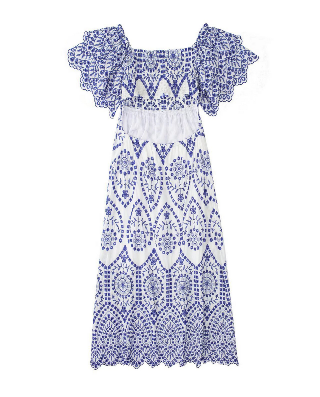 White Blue Geometric Print Square Neck Puff Sleeve Midi Dress