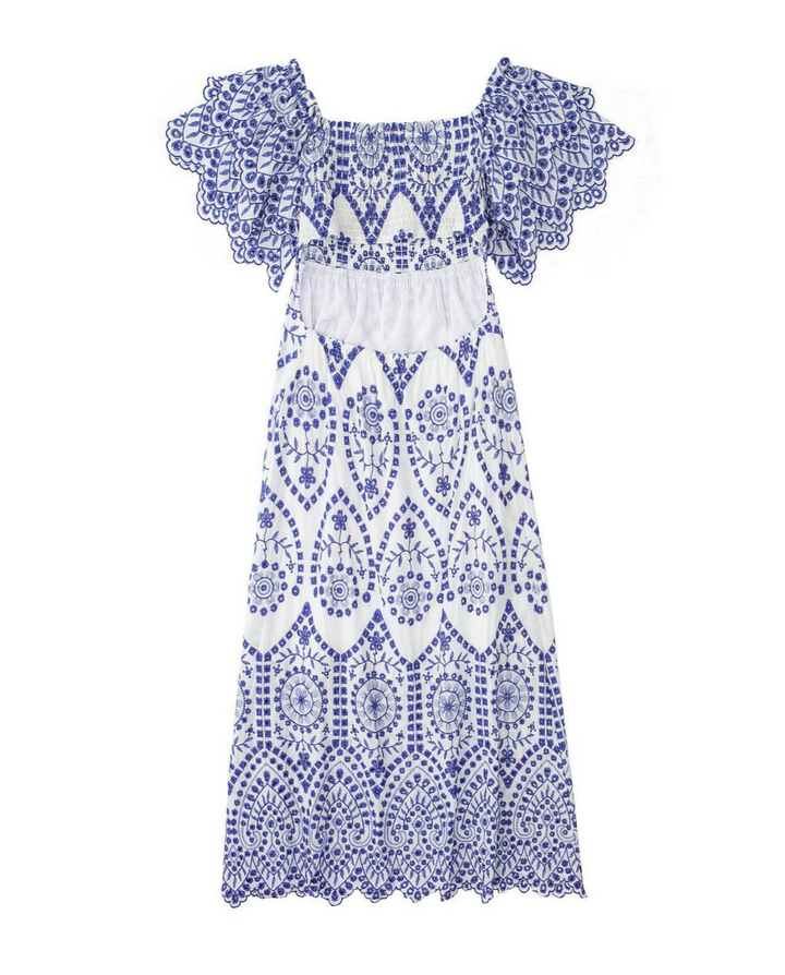 White Blue Geometric Print Square Neck Puff Sleeve Midi Dress
