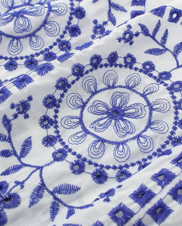 White Blue Geometric Print Square Neck Puff Sleeve Midi Dress