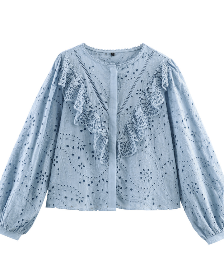 SOLACE  Light Blue Eyelet Lace Ruffle Puff Long Sleeve Blouse 