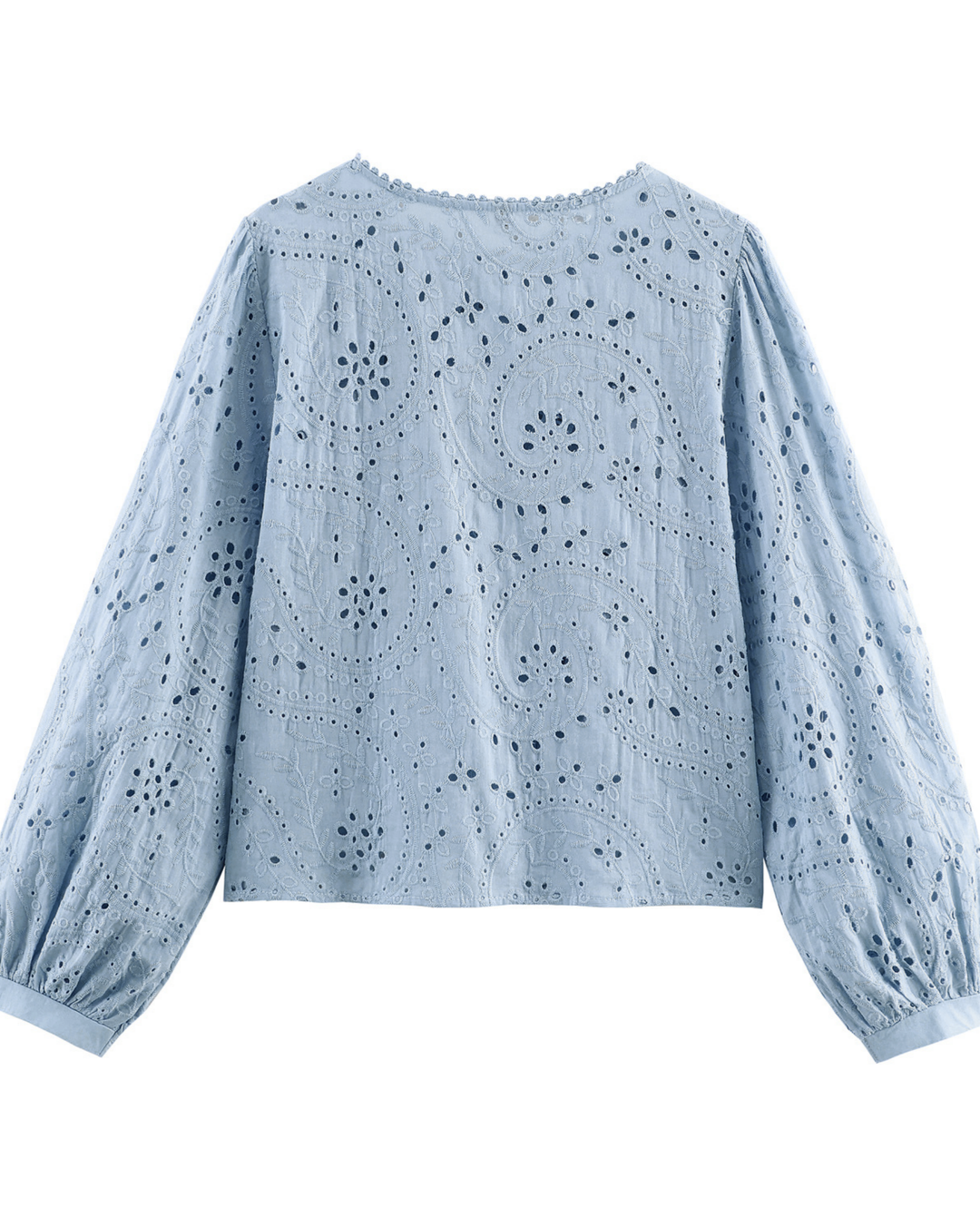 SOLACE  Light Blue Eyelet Lace Ruffle Puff Long Sleeve Blouse 