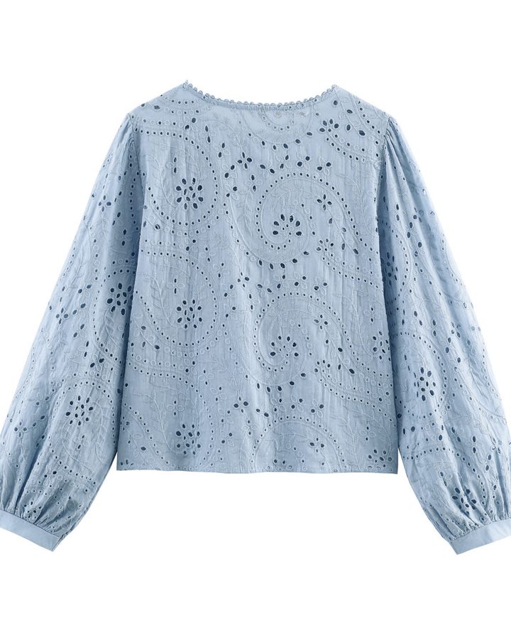 SOLACE  Light Blue Eyelet Lace Ruffle Puff Long Sleeve Blouse 