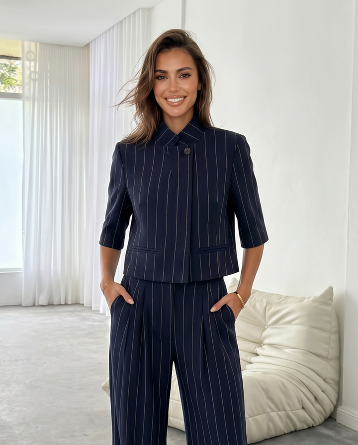Navy Pinstripe Stand Collar 3/4 Sleeve Cropped Blazer