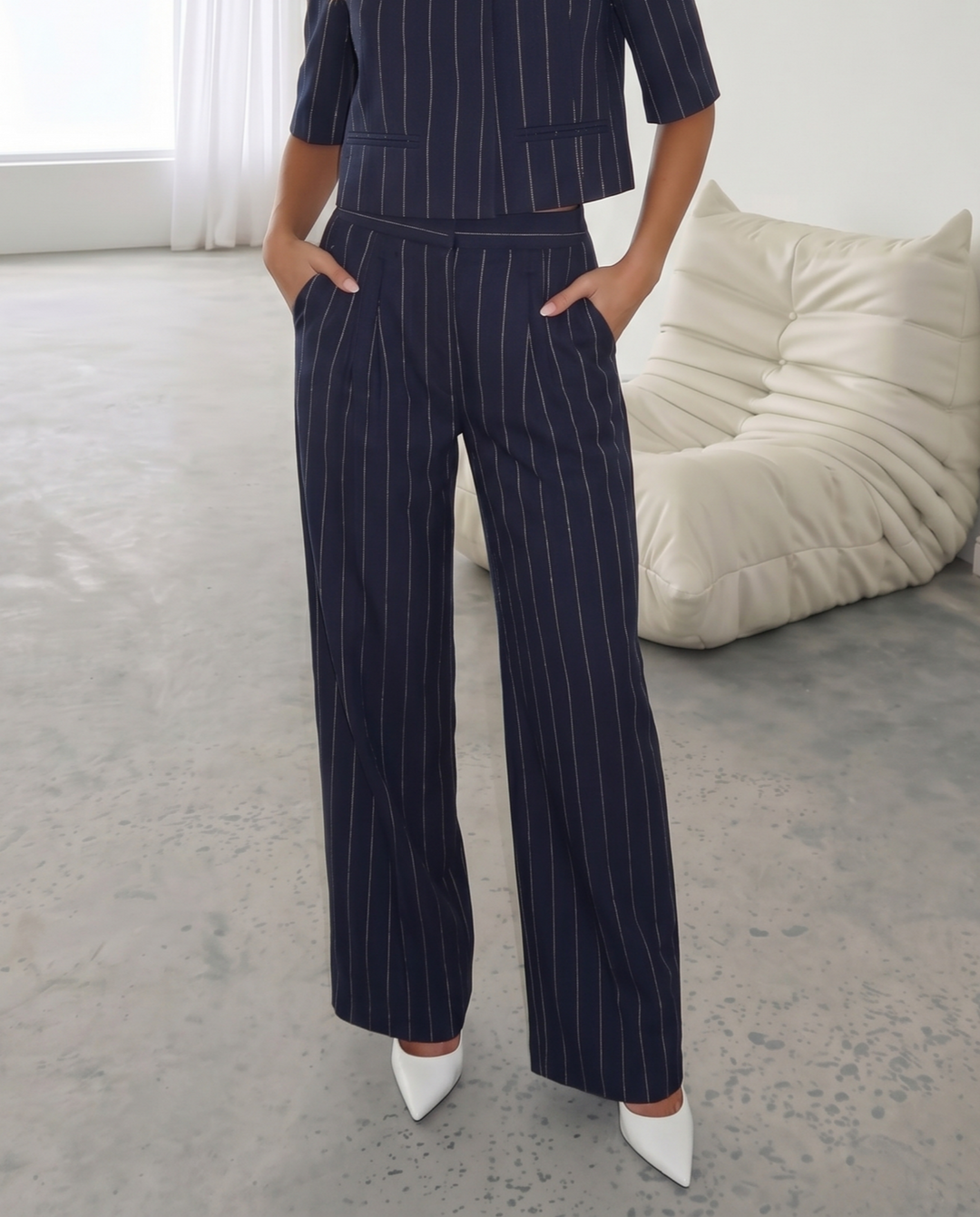 Navy Pinstripe High Waist Pleated Wide Leg Pants