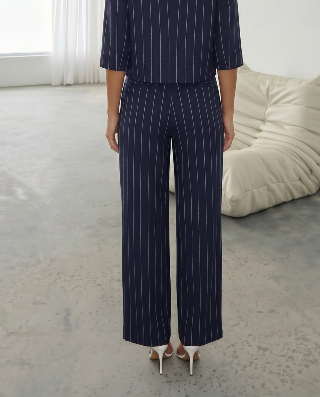 Navy Pinstripe High Waist Pleated Wide Leg Pants