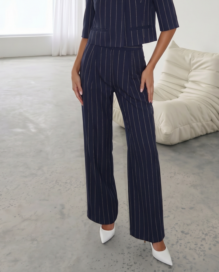 Navy Pinstripe High Waist Pleated Wide Leg Pants