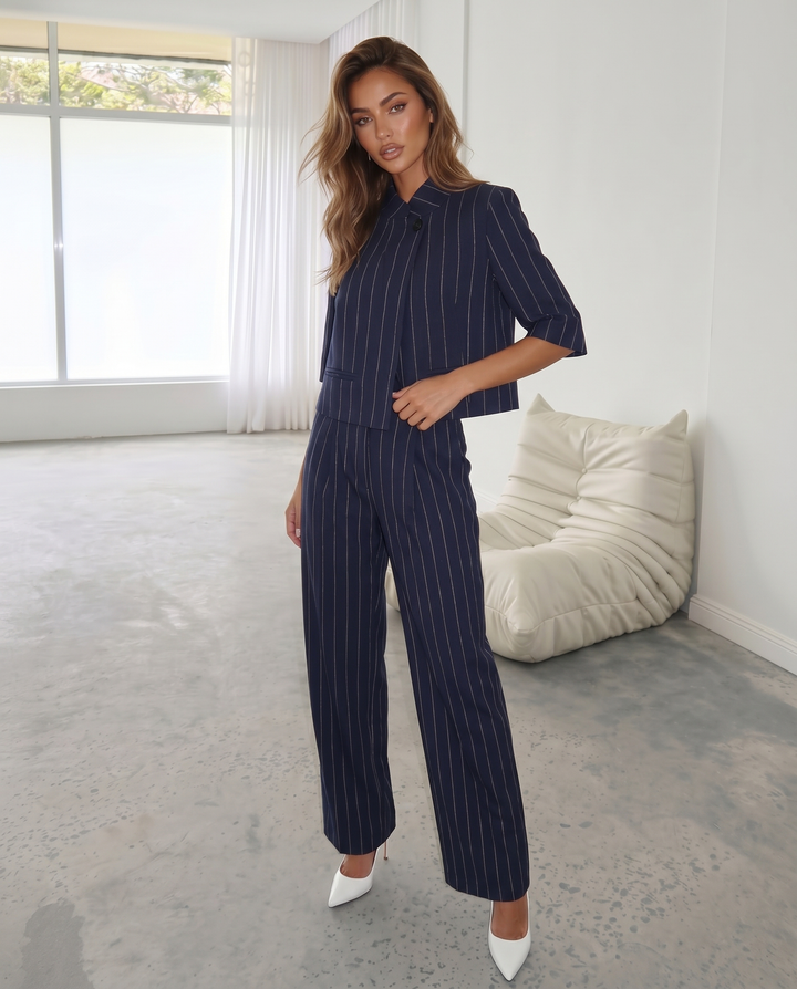 Navy Pinstripe High Waist Pleated Wide Leg Pants