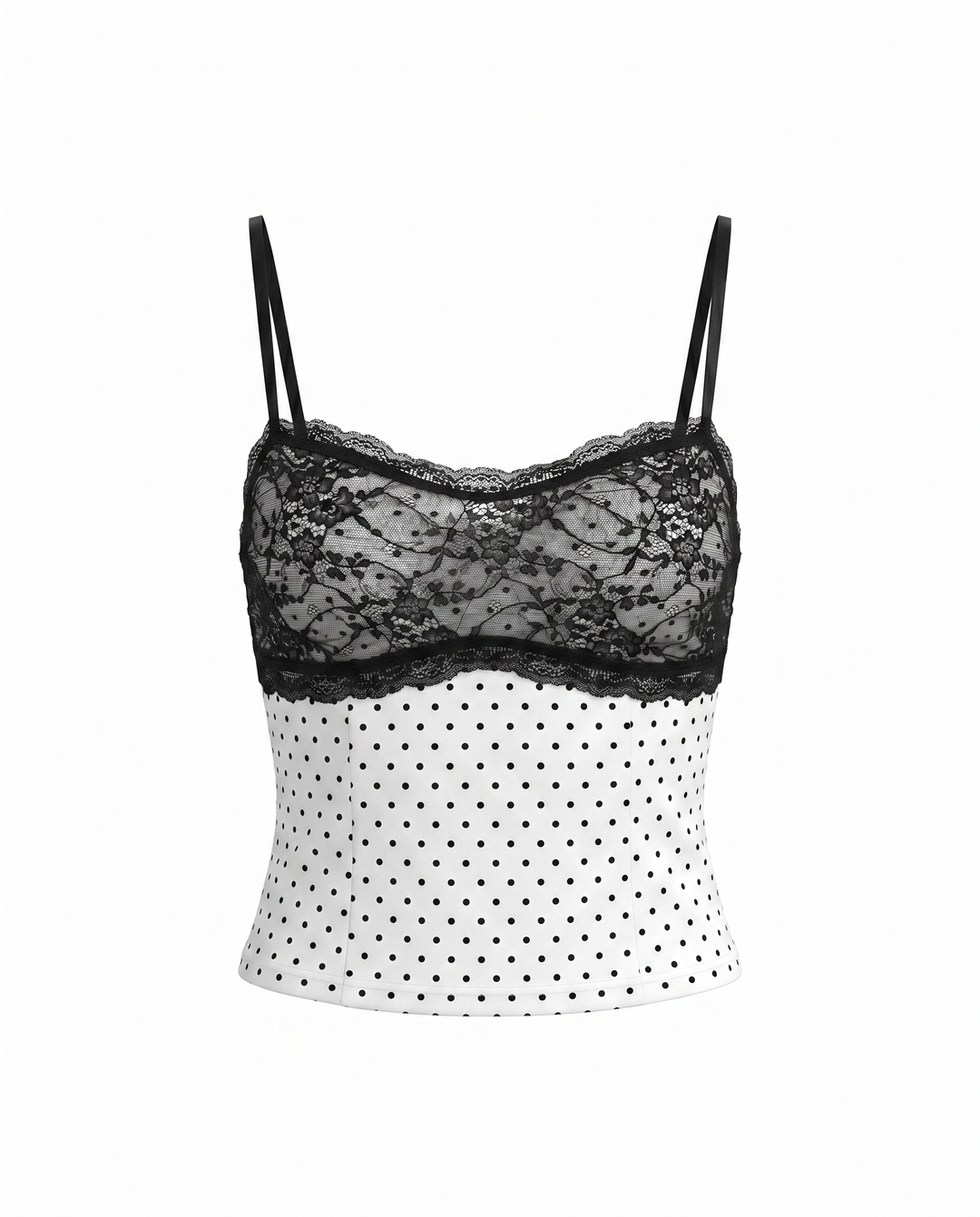 White Polka Dot Black Lace Patch Cami Top