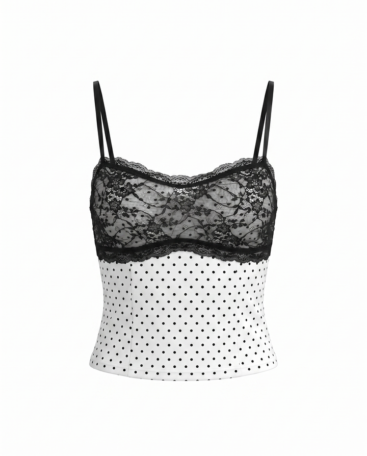 White Polka Dot Black Lace Patch Cami Top