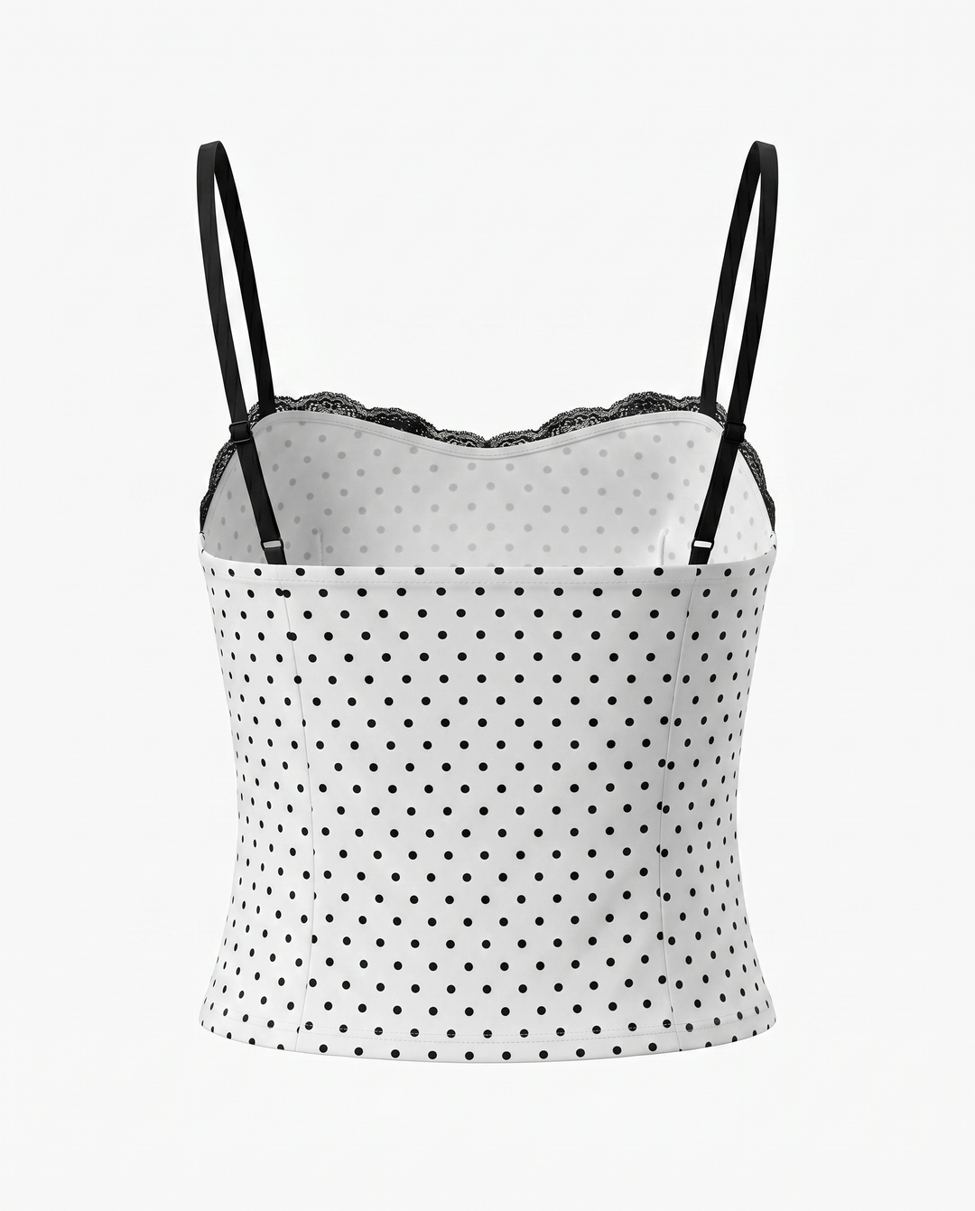 White Polka Dot Black Lace Patch Cami Top