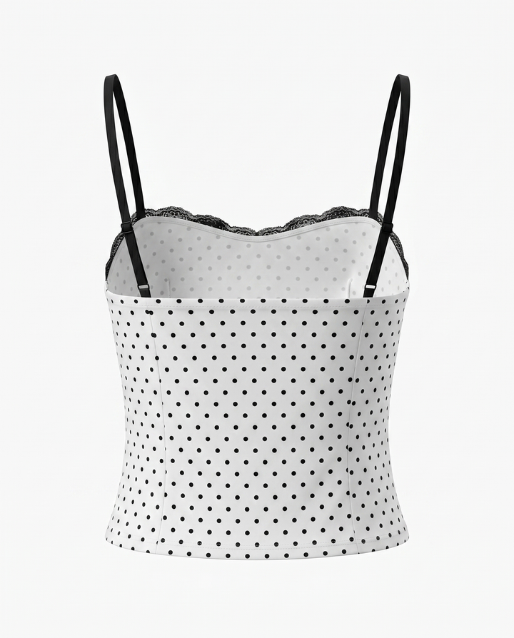White Polka Dot Black Lace Patch Cami Top