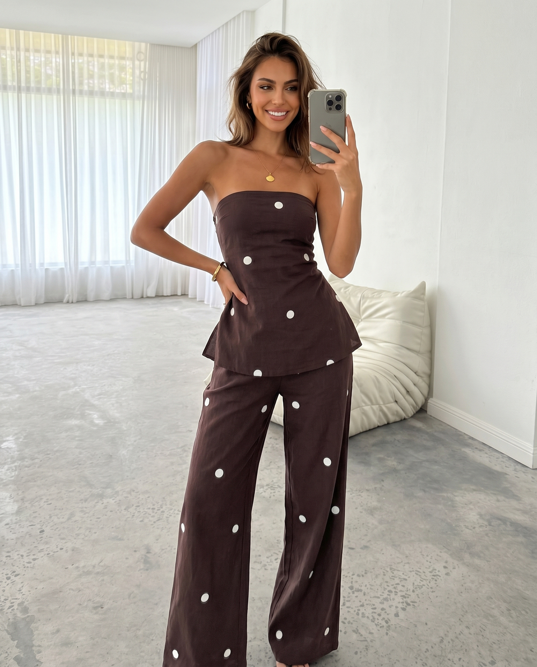 Brown Polka Dot Tube Top Wide Leg Pants Set