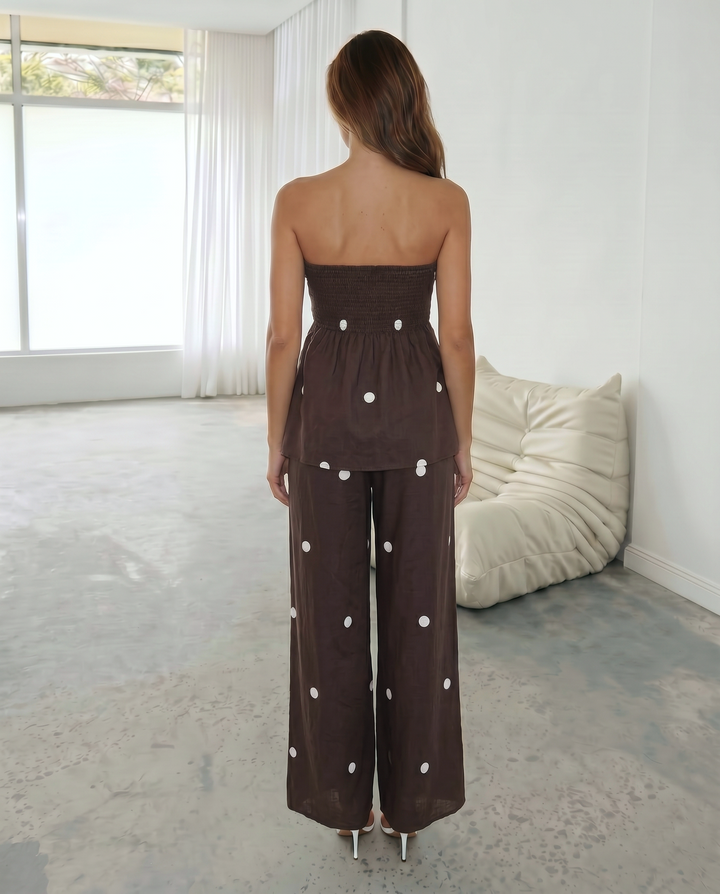 Brown Polka Dot Tube Top Wide Leg Pants Set