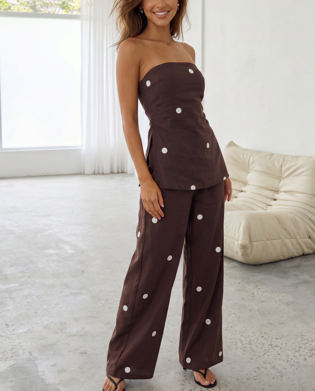 Brown Polka Dot Tube Top Wide Leg Pants Set