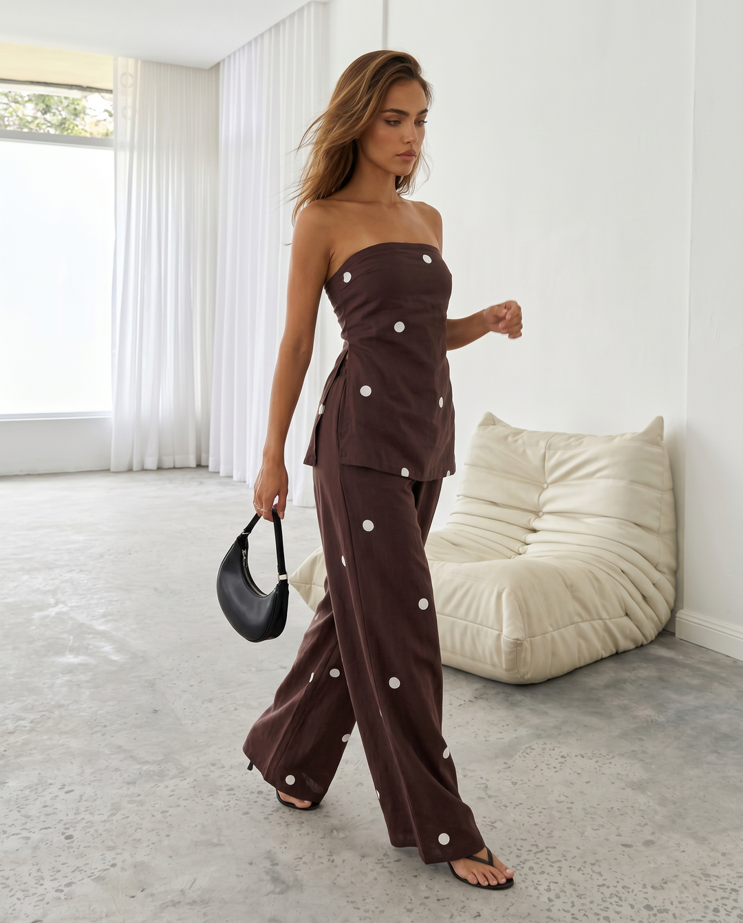 Brown Polka Dot Tube Top Wide Leg Pants Set