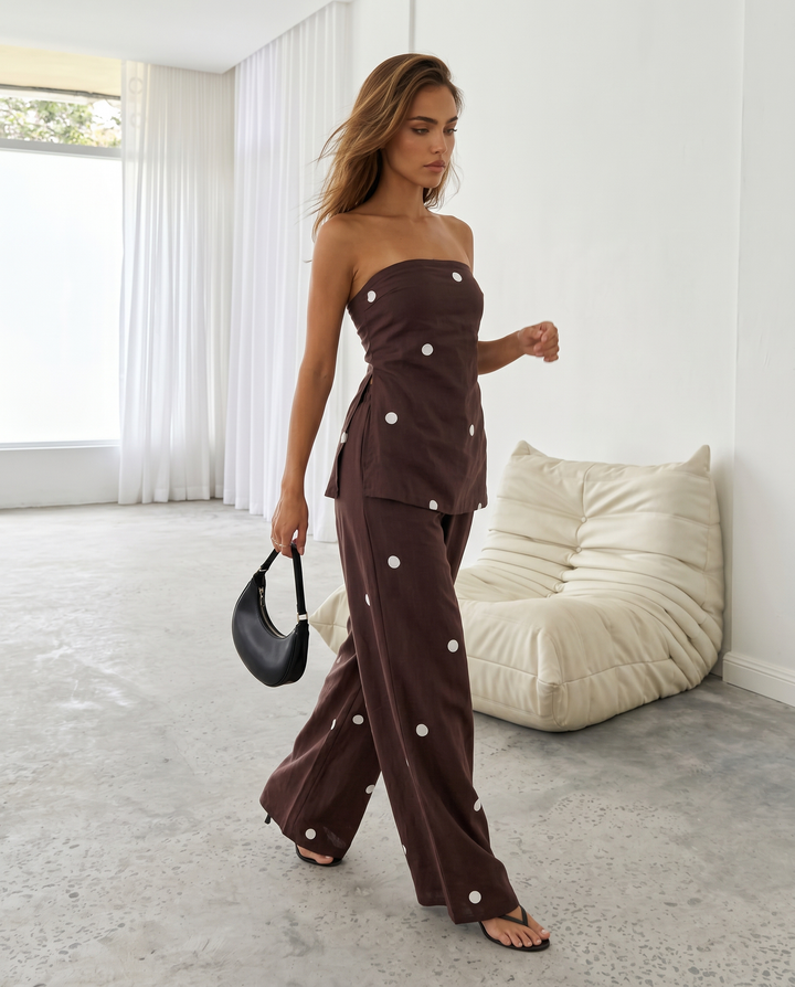Brown Polka Dot Tube Top Wide Leg Pants Set