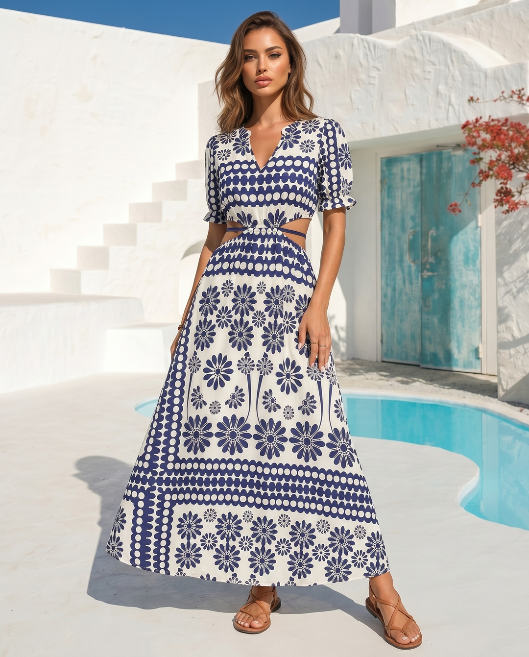 SOLACE  Navy Floral Border Print Short Sleeve Side Cutout Maxi Dress 