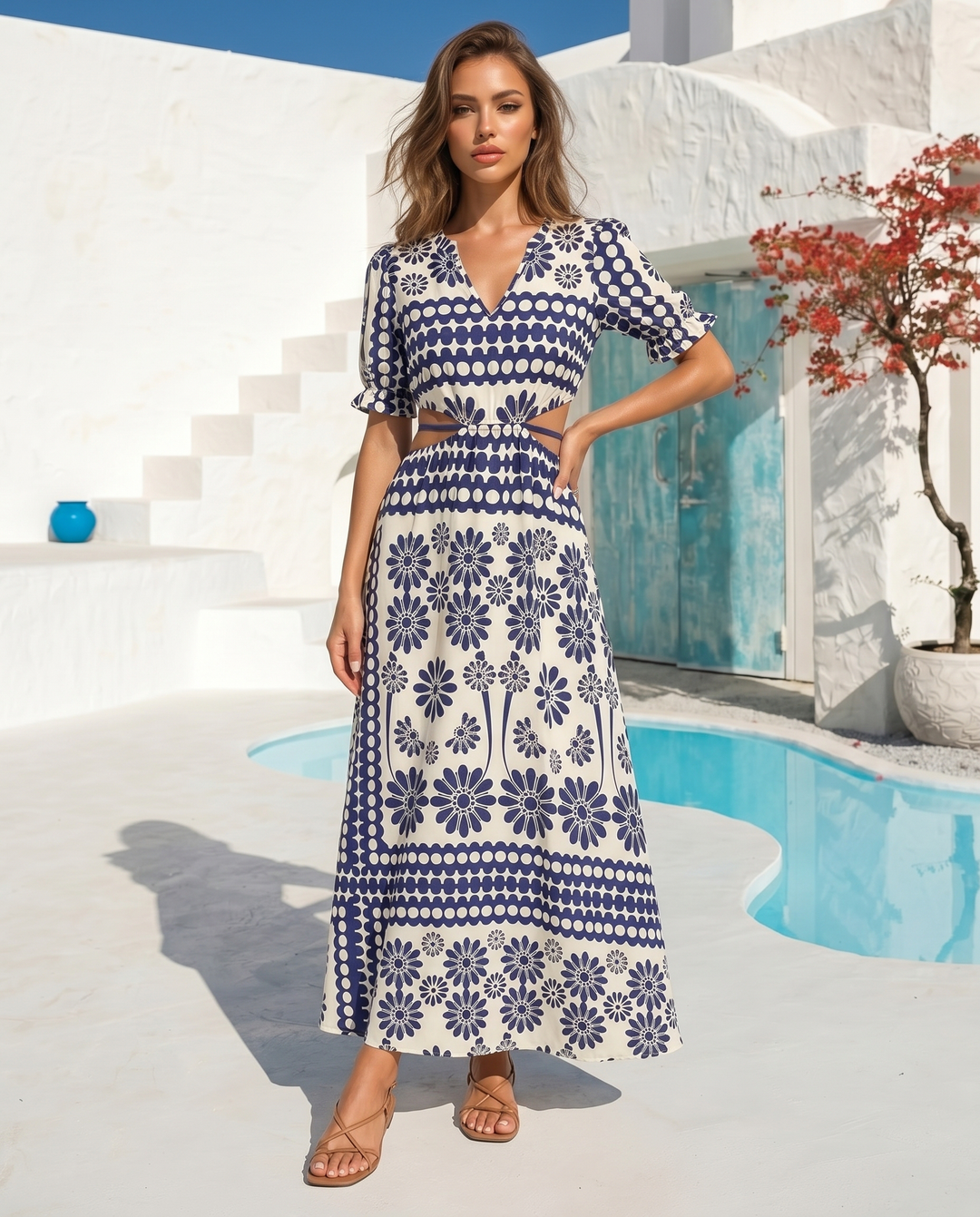 SOLACE  Navy Floral Border Print Short Sleeve Side Cutout Maxi Dress 