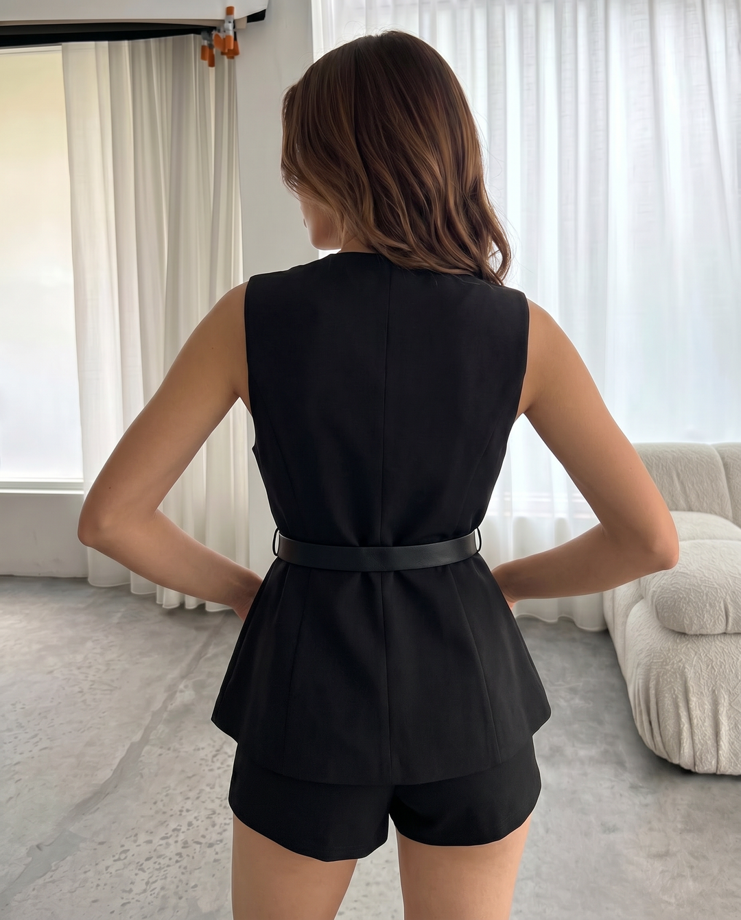 Black Gold Button Belted Peplum Sleeveless Vest