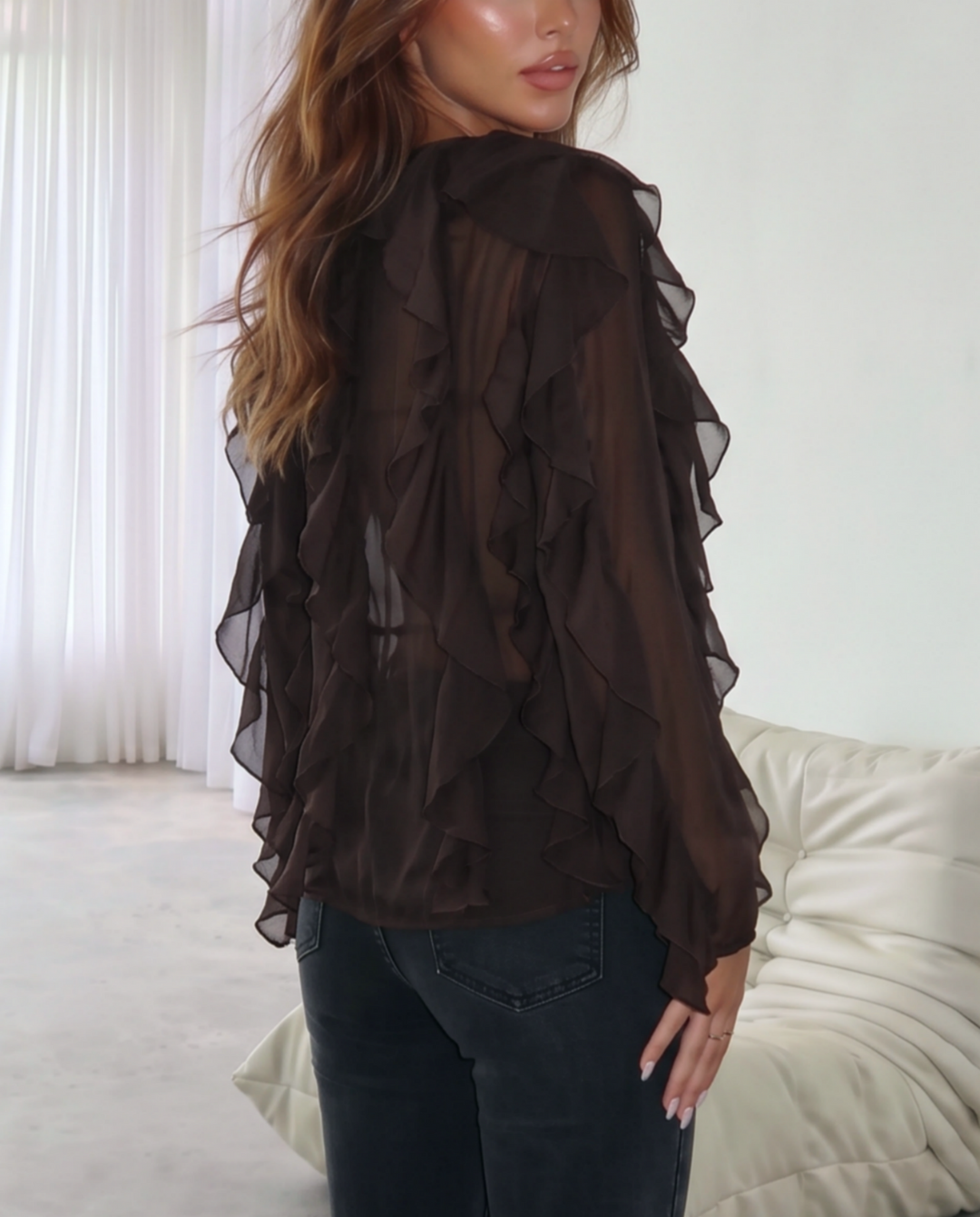 Brown Ruffle Trim Bell Sleeve Sheer Chiffon Blouse