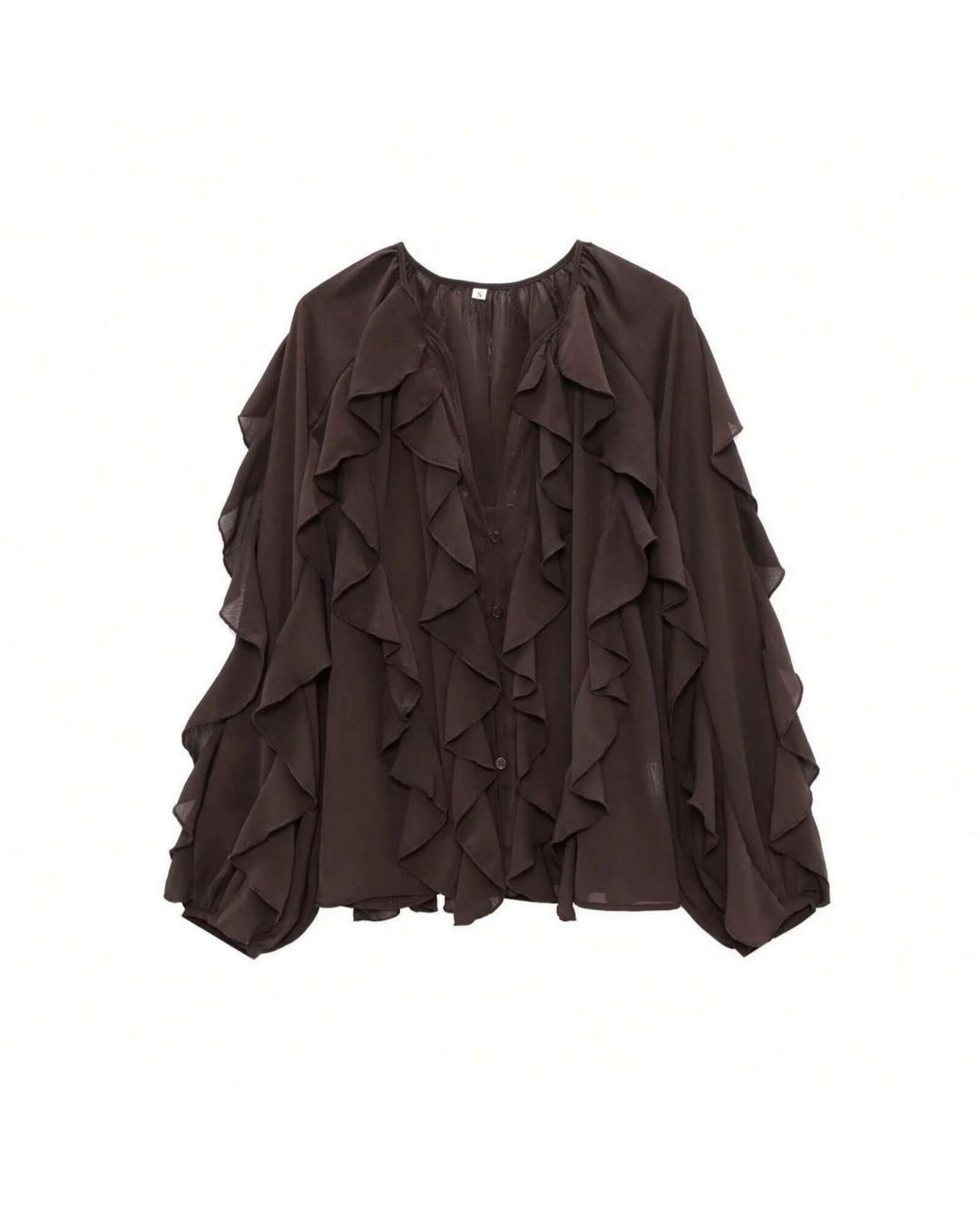 Brown Ruffle Trim Bell Sleeve Sheer Chiffon Blouse