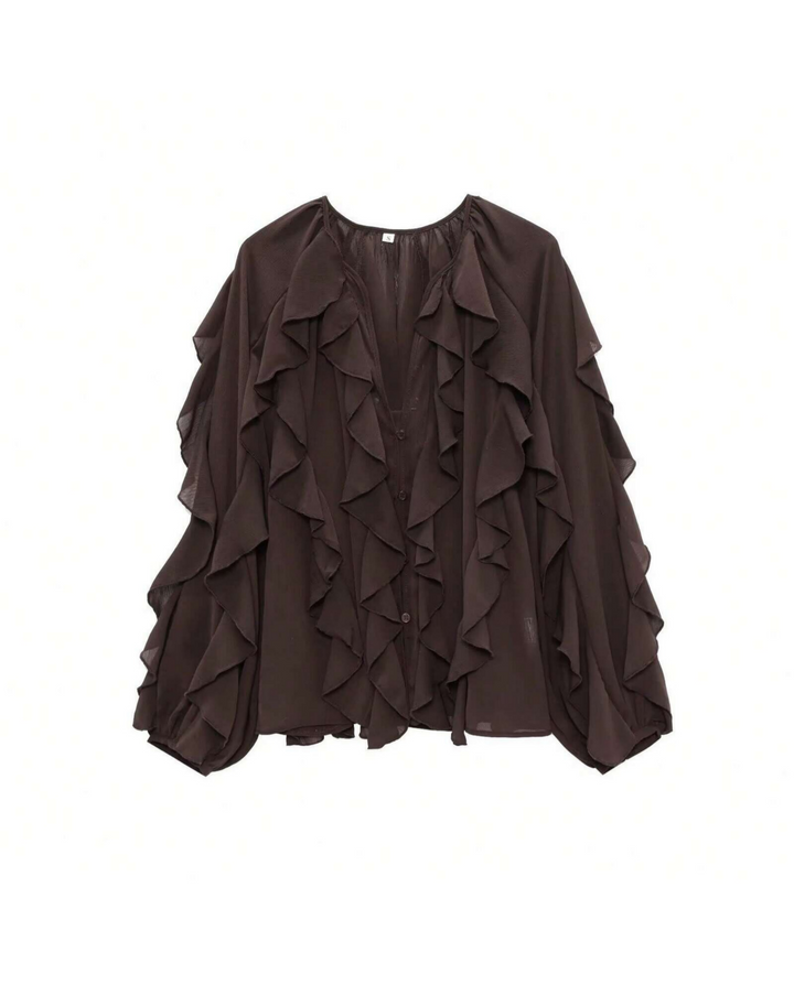 Brown Ruffle Trim Bell Sleeve Sheer Chiffon Blouse