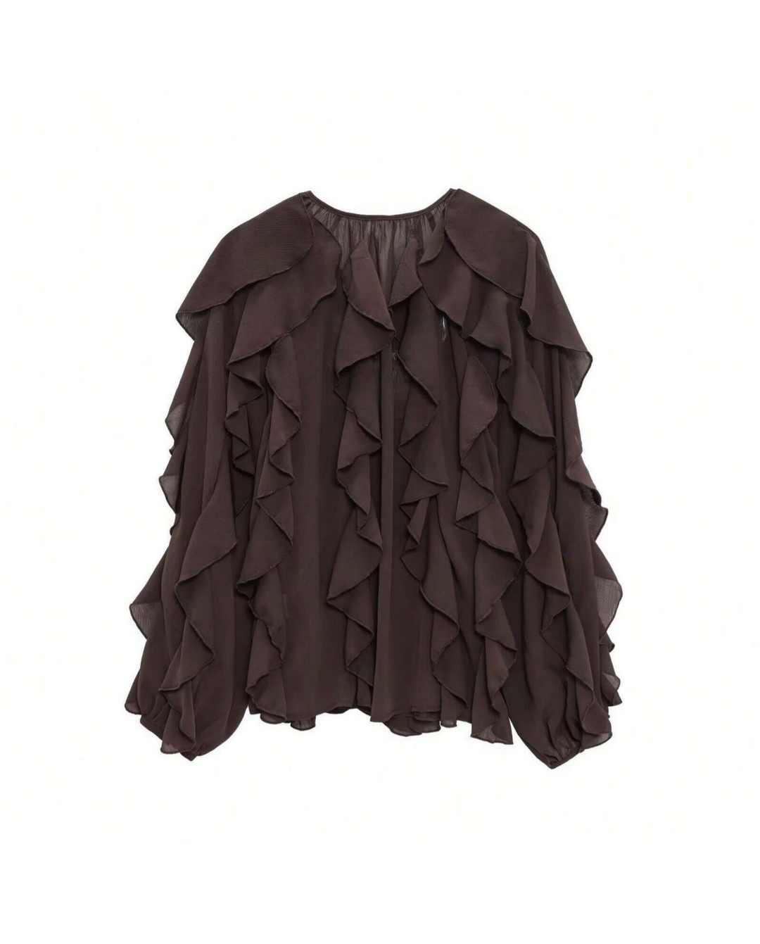 Brown Ruffle Trim Bell Sleeve Sheer Chiffon Blouse