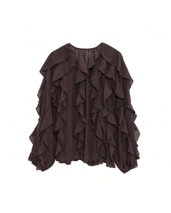 Brown Ruffle Trim Bell Sleeve Sheer Chiffon Blouse