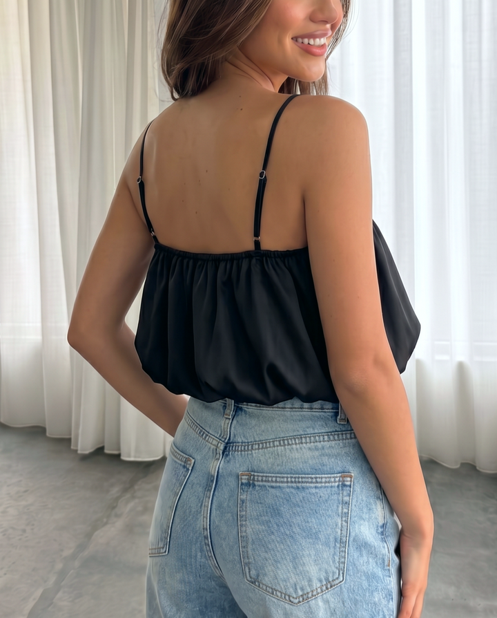 Black Deep V Gathered Bubble Hem Cami Top