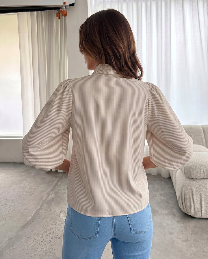 Beige Stripe Double Tie Neck Puff 3/4 Sleeve Blouse