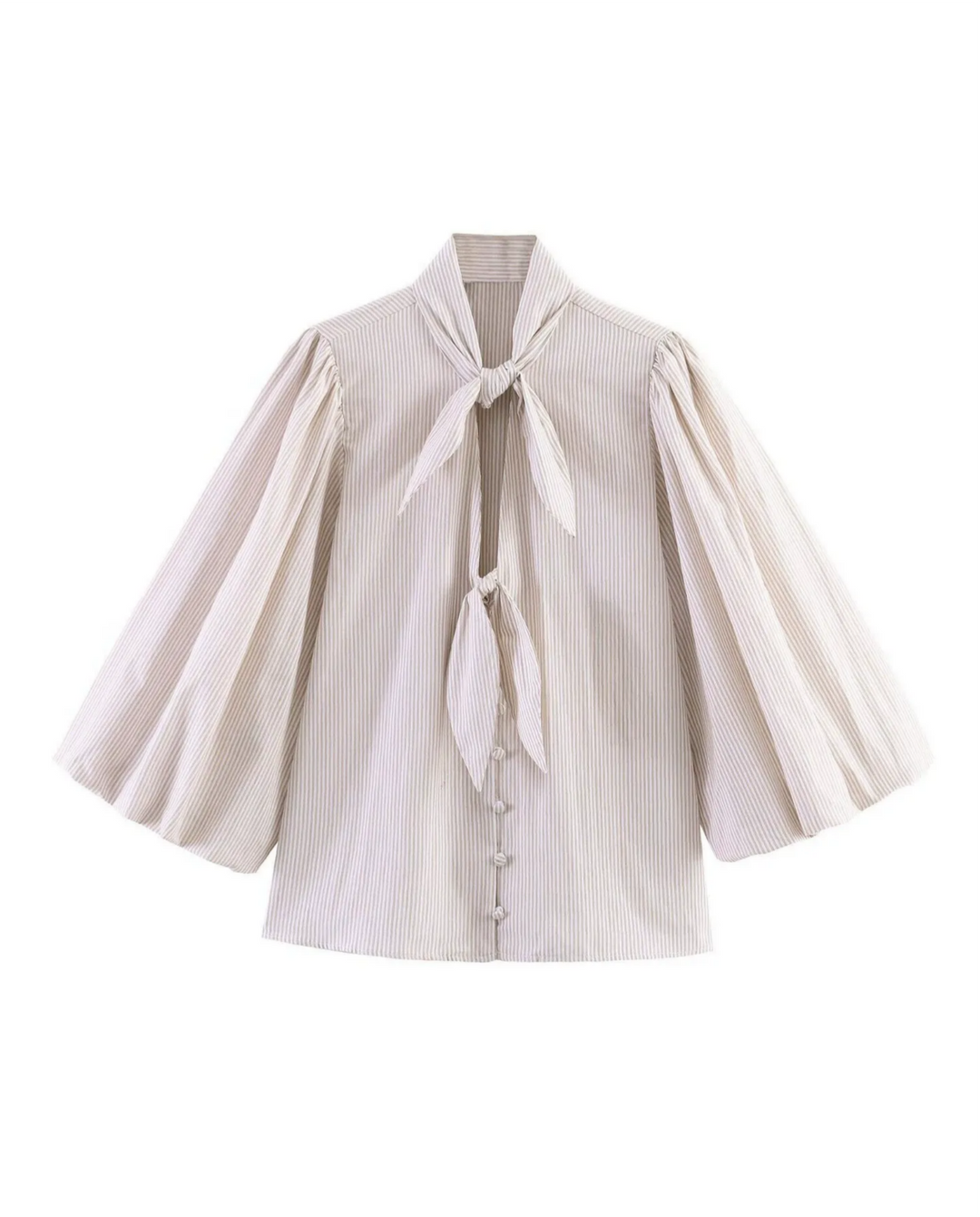 Beige Stripe Double Tie Neck Puff 3/4 Sleeve Blouse