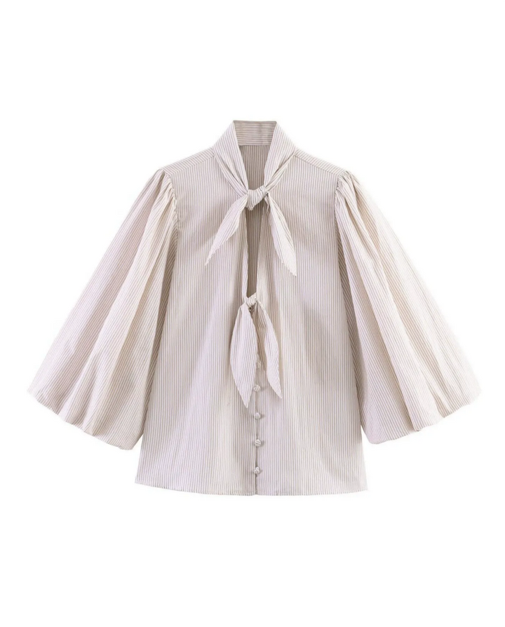 Beige Stripe Double Tie Neck Puff 3/4 Sleeve Blouse