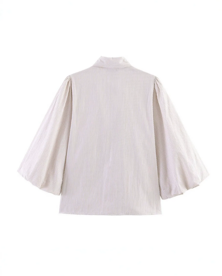 Beige Stripe Double Tie Neck Puff 3/4 Sleeve Blouse