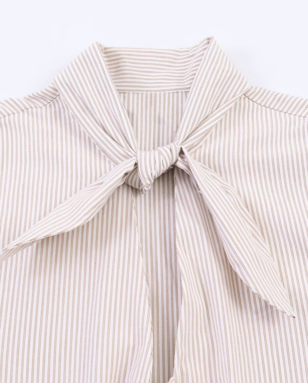 Beige Stripe Double Tie Neck Puff 3/4 Sleeve Blouse