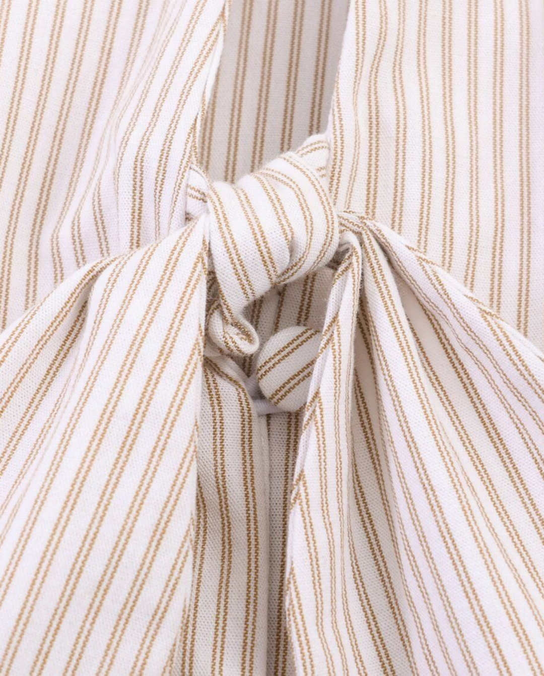 Beige Stripe Double Tie Neck Puff 3/4 Sleeve Blouse